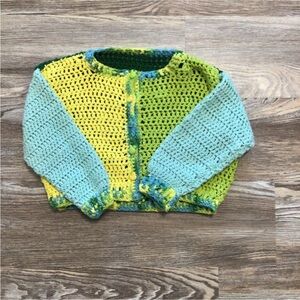 Homemade Crocheted Girls Cardigan Blue Yellow Green Duck Frog Rabbit Buttons